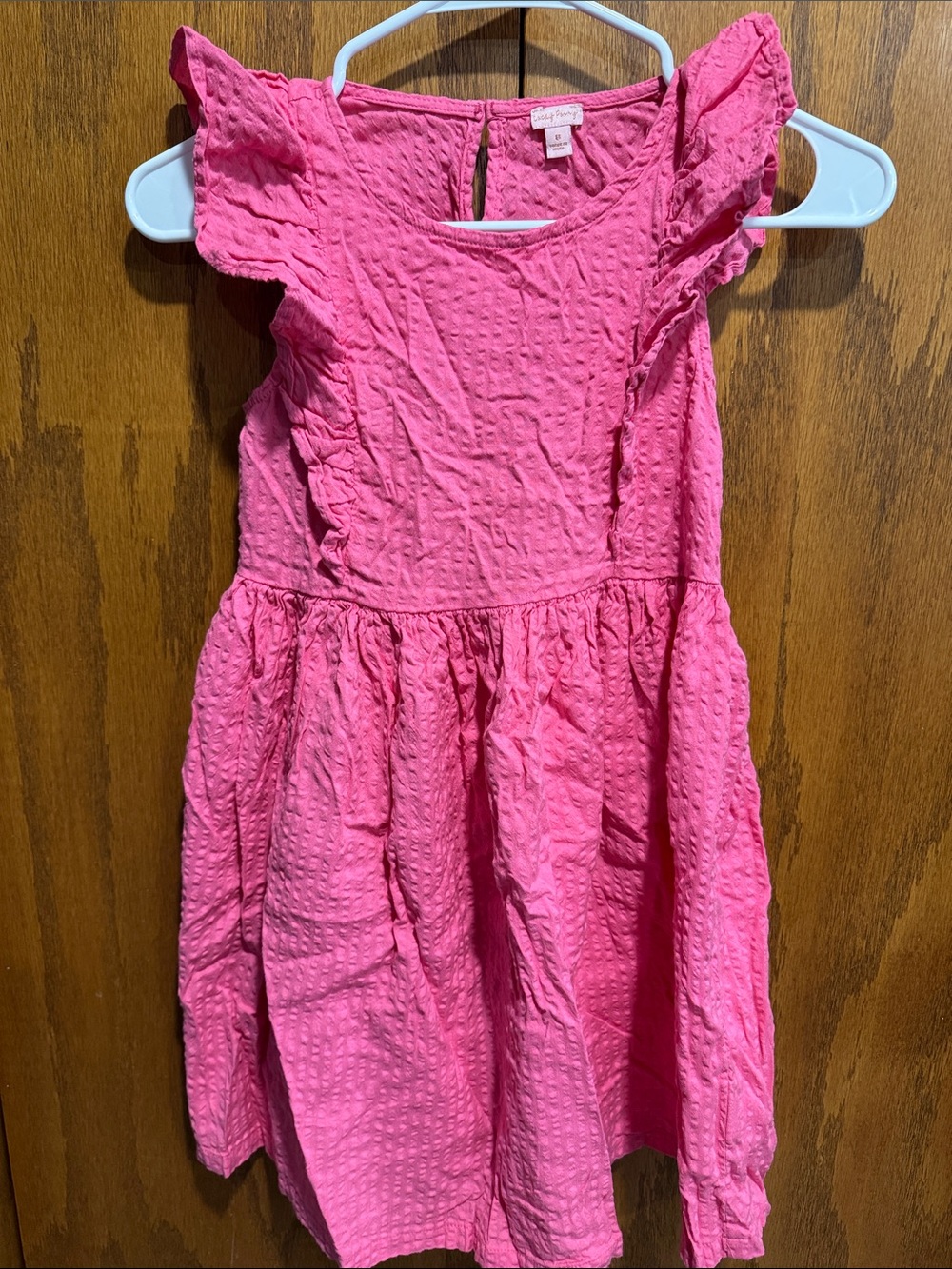 Girls Pink Textured Flutter Dress with Ruffle Shoulders